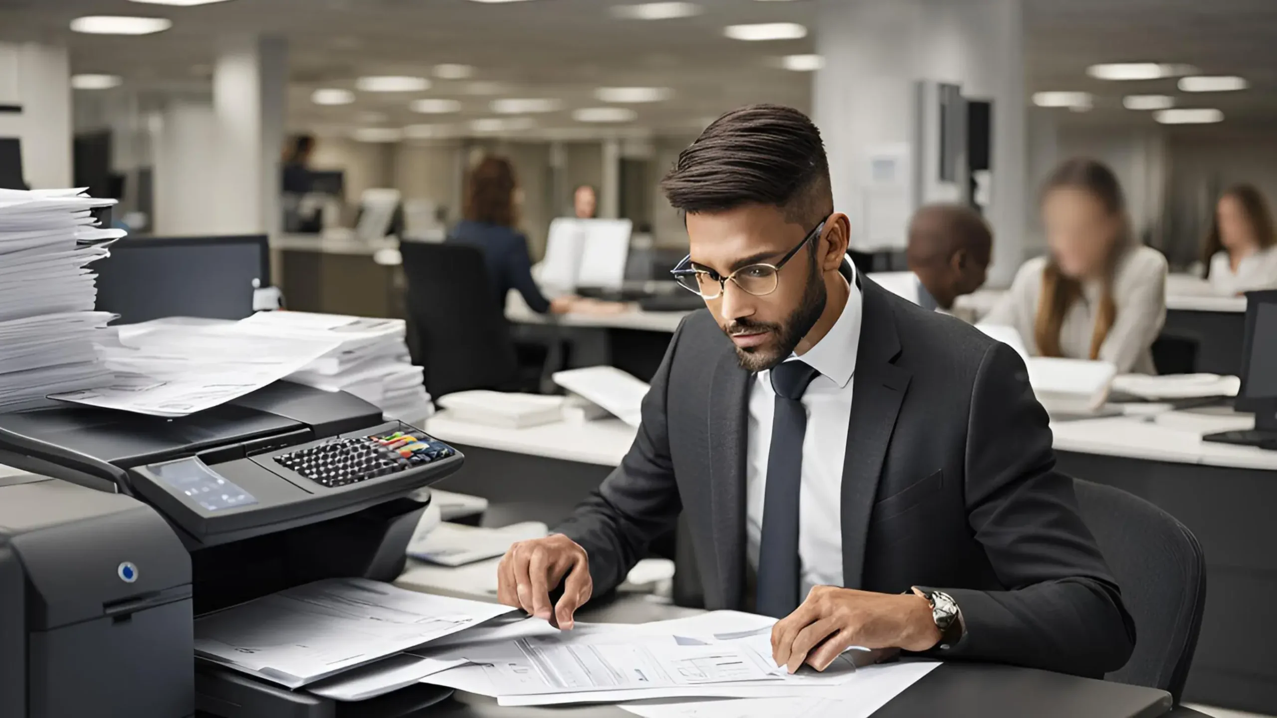 Empleado de un banco imprimiendo estados de cuentas - impresoras láser