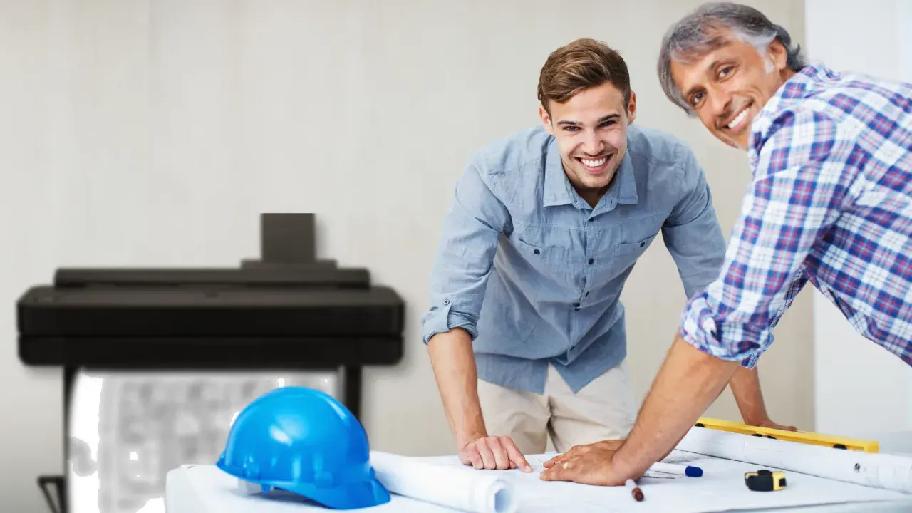 Un arquitecto sonriente revisando planos perfectamente impresos, con el plotter funcionando eficientemente en el fondo.