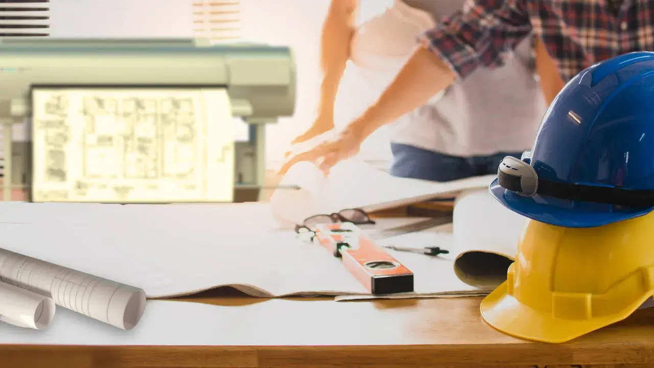 Un espacio de trabajo profesional con un plotter en acción, rodeado de herramientas de dibujo y planos enrollados.