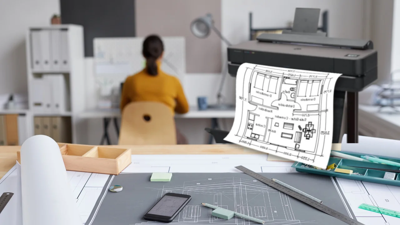 Soluciones de impresión para constructoras: Imagen de una impresora de gran formato imprimiendo un plano arquitectónico detallado. Se observan rollos de papel y tinta de gran capacidad en una mesa cercana.