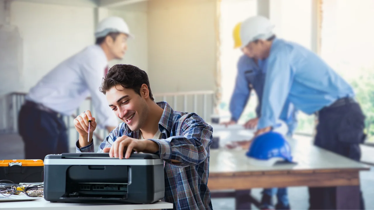 soluciones de impresiones para constructoras: Imagen de un técnico revisando una impresora en una oficina de arquitectura. Se ven herramientas de mantenimiento y cartuchos de tinta en la mesa.